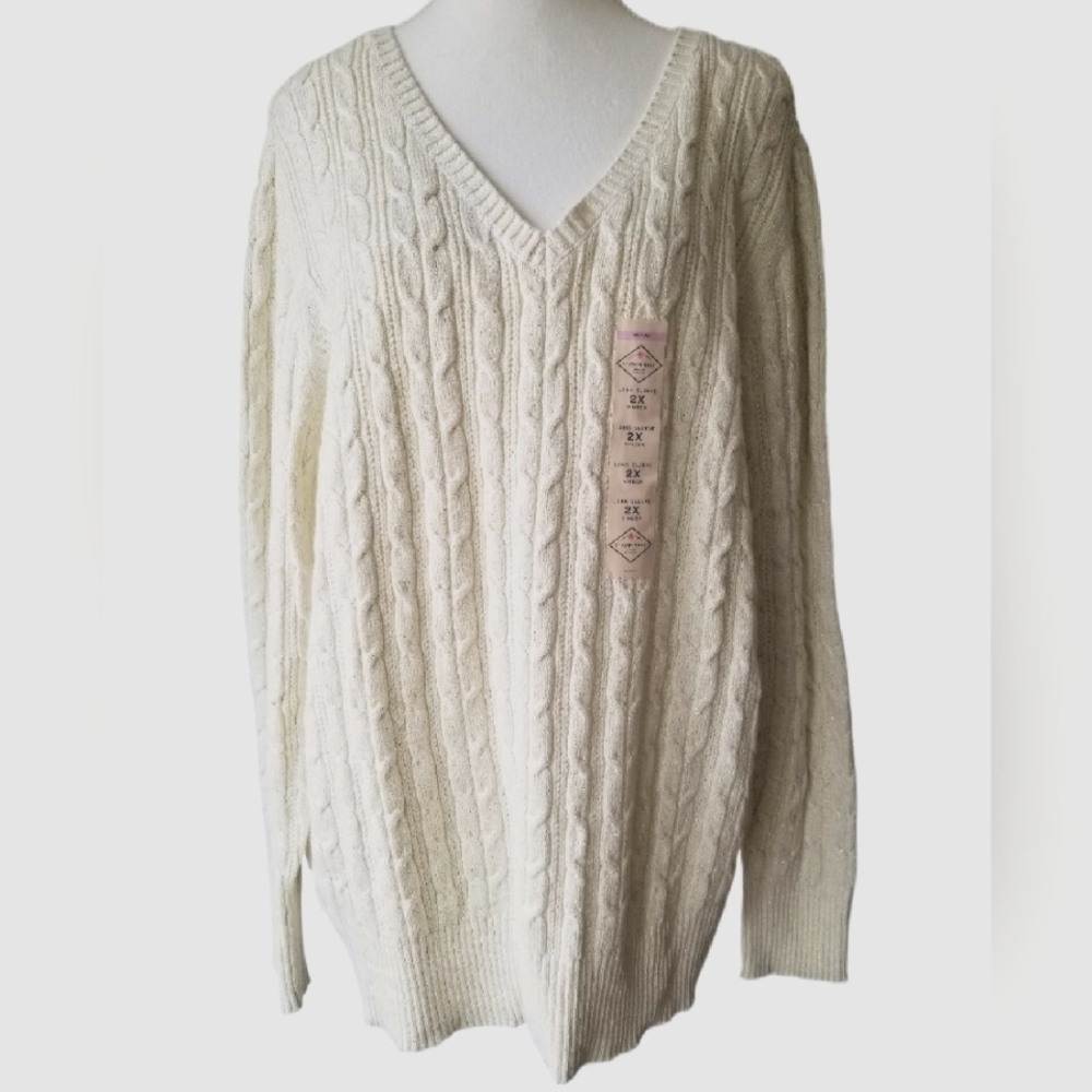 NWT St John's Bay Plus Women Warm Cozy Cable Knit Vneck Sparkle Holiday Sweater